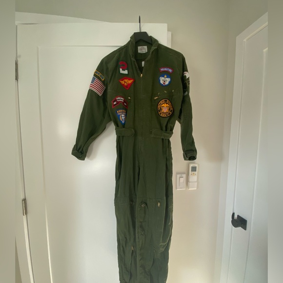 Top Gun Vintage Pilot Jumpsuit Army Green Chemin Du Fer Costume 80s S Carrie - Picture 2 of 10